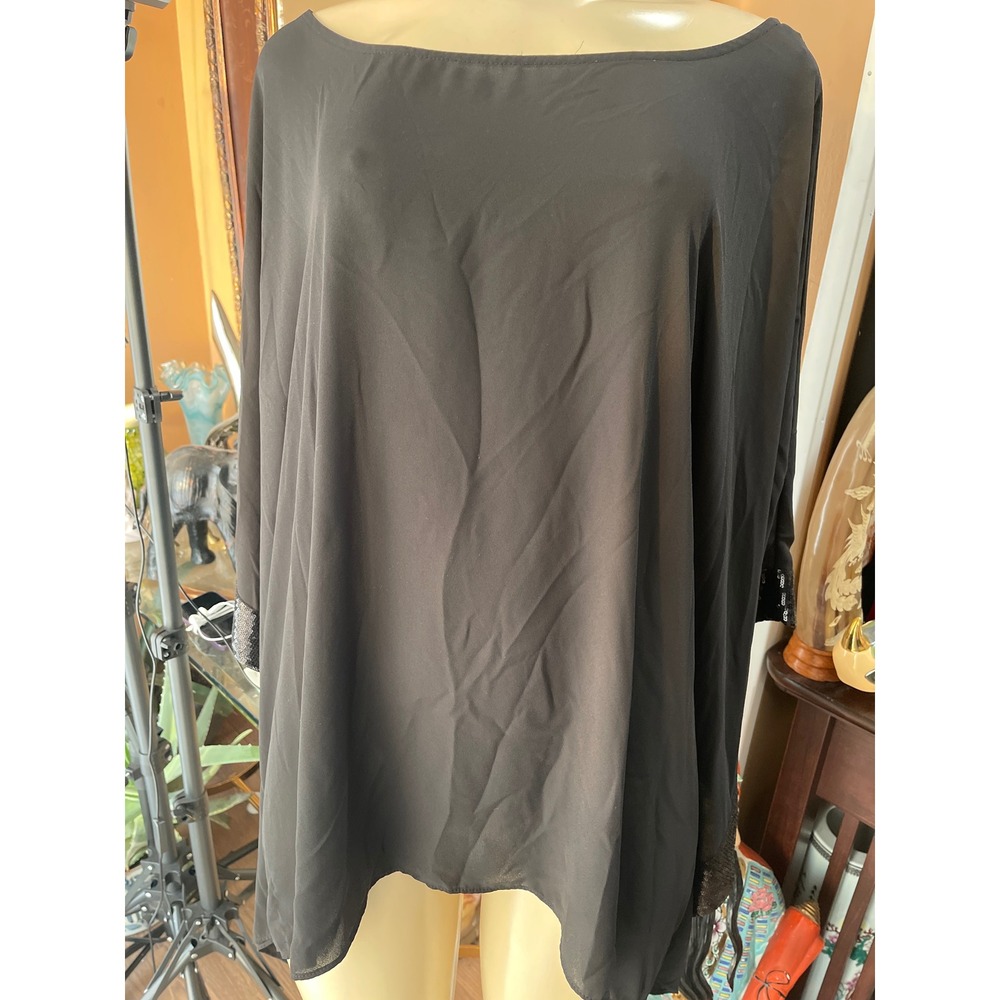I.N. Studio Woman Black Sequin Trim Sheer Poncho Tunic Top Plus Size 3X